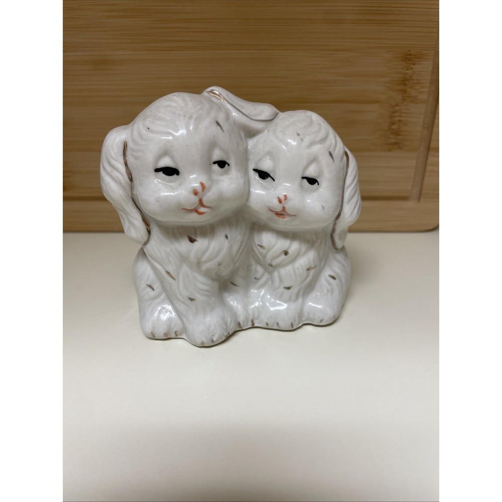 Vintage Puppy Dogs Figurine Porcelain Ceramic White W/Gold Spots China